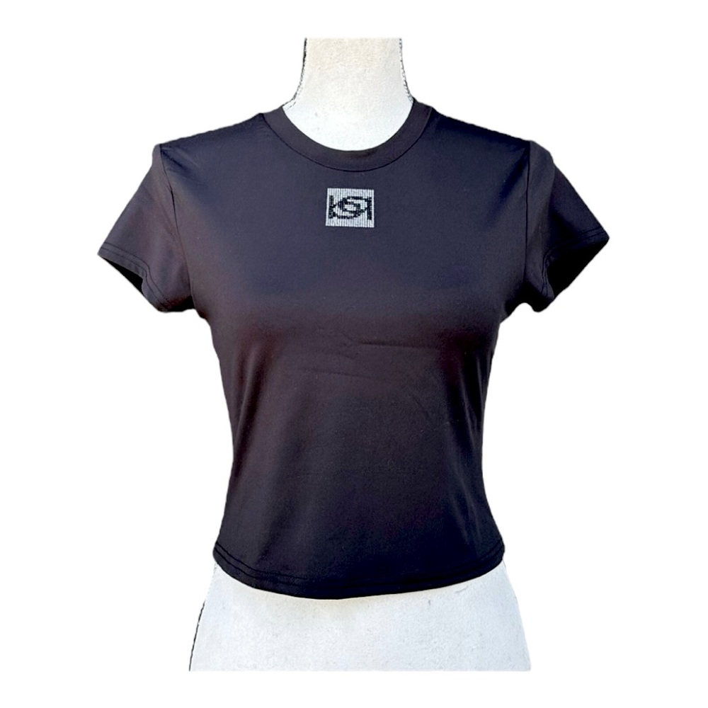 BEBE Women’s Black Rhinestone Cropped Short Sleeve Top